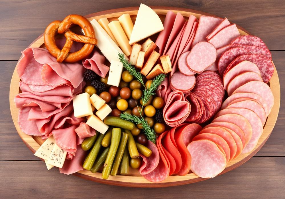 Brotzeitplatte mit Wurst, Schinken und Brezn