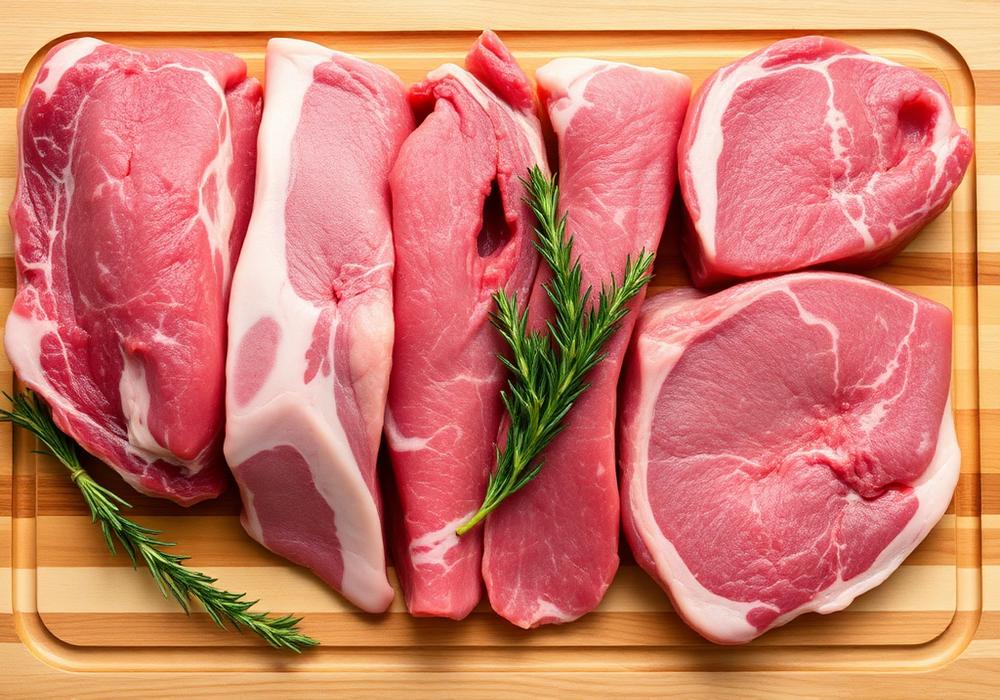 Frisches Rind- und Schweinefleisch auf einem Holzbrett