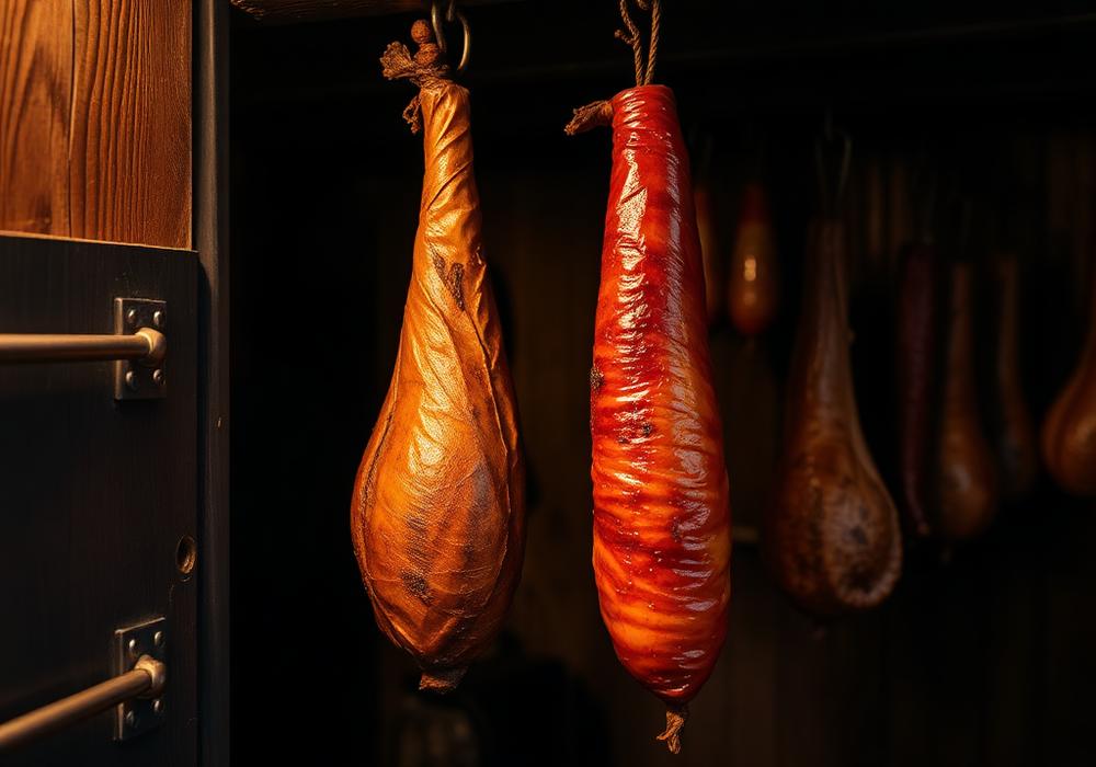 Geräucherte Schinken hängen in der Räucherkammer