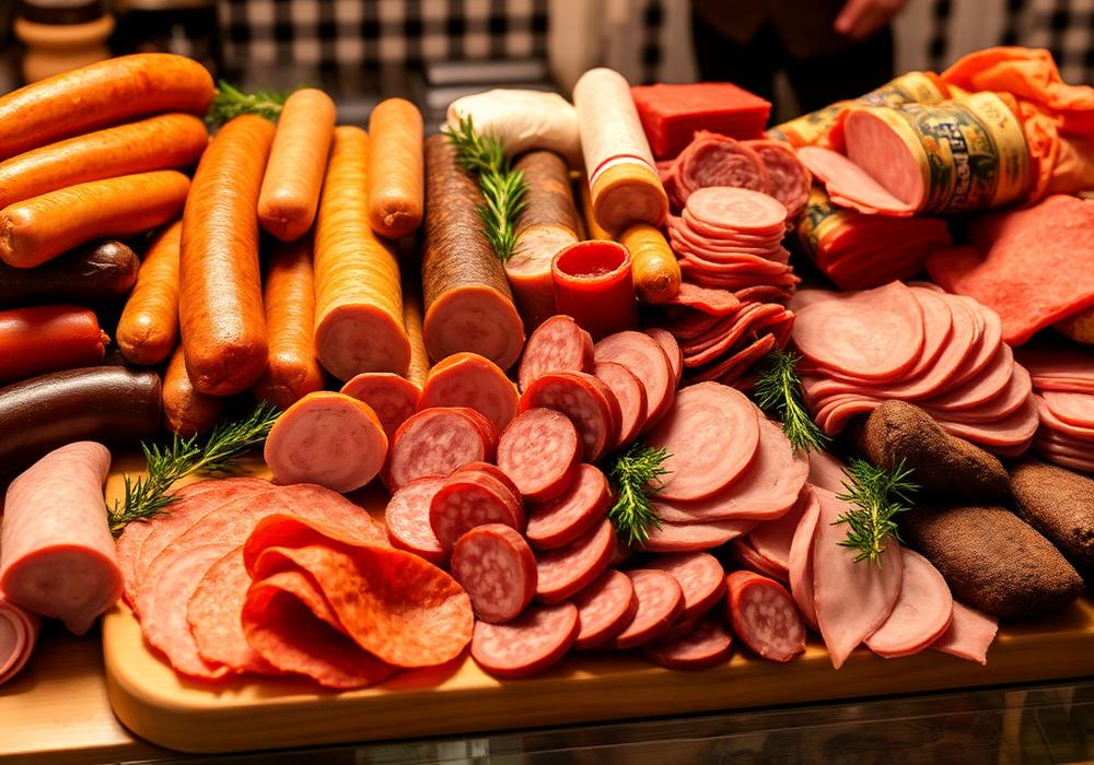 Auslage mit hausgemachten Wurstsorten und Aufschnitt