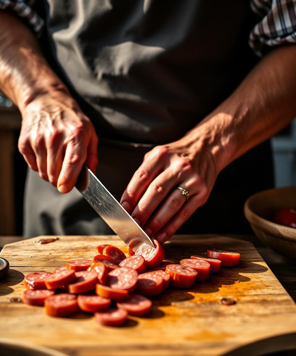 Metzgermeister schneidet Wurst aus eigener Herstellung